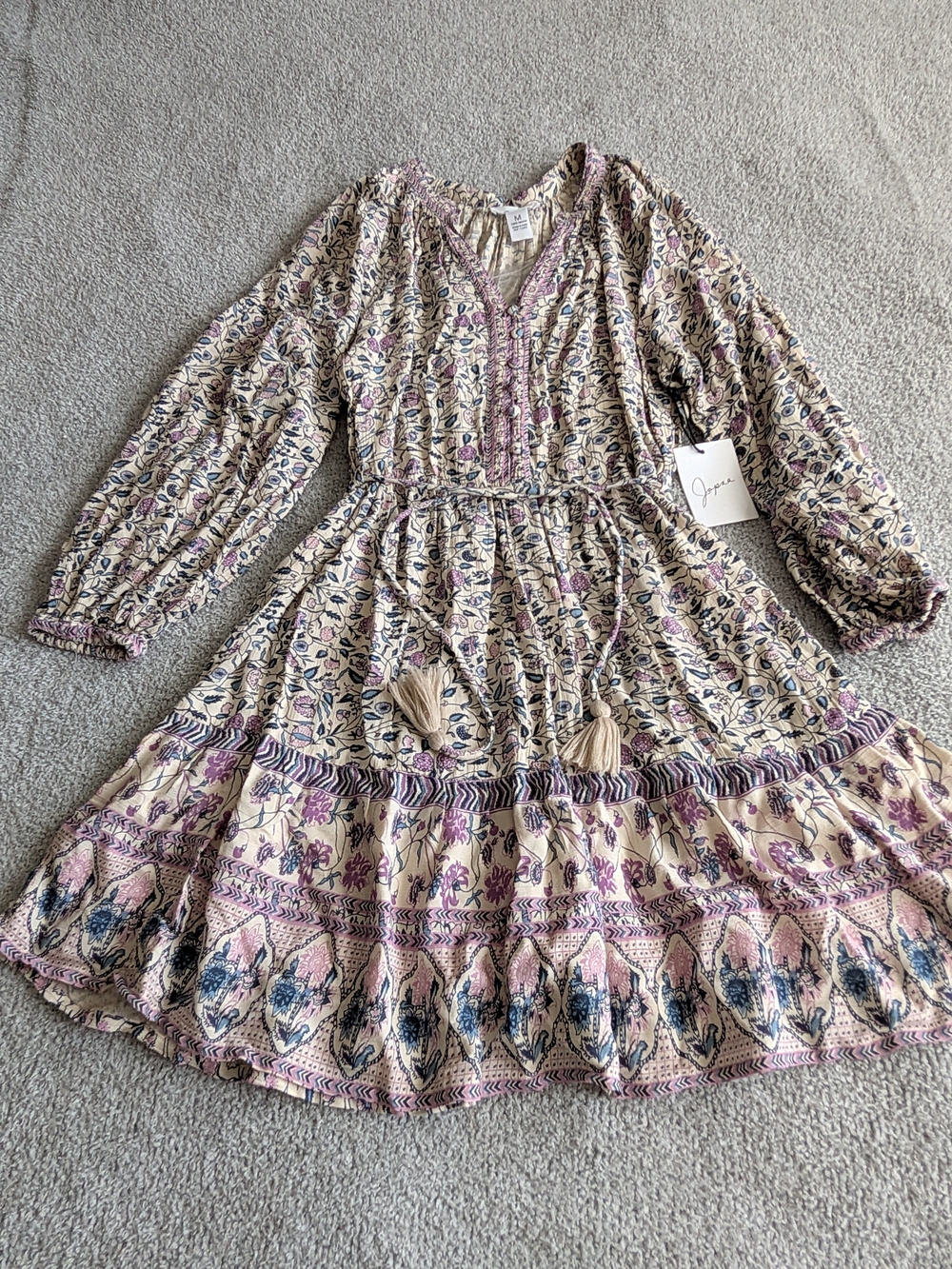 🌼B2G1🌼 Japna Cream Floral Boho Long Sleeve Mini Dress with Lavender Accents